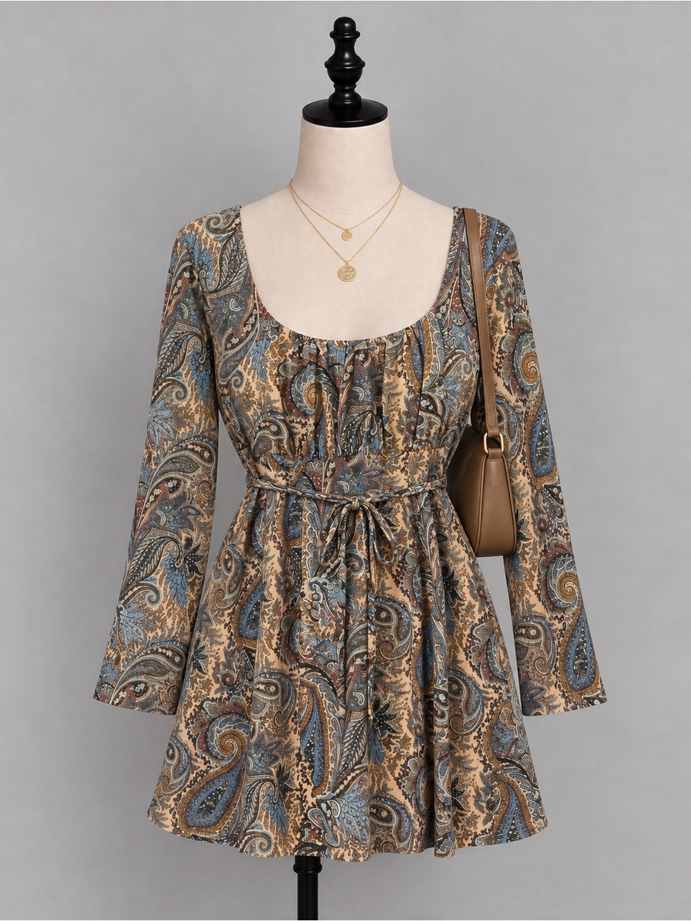Papillon Paisley Tie-Waist Long Sleeve Dress - Blue & Tan